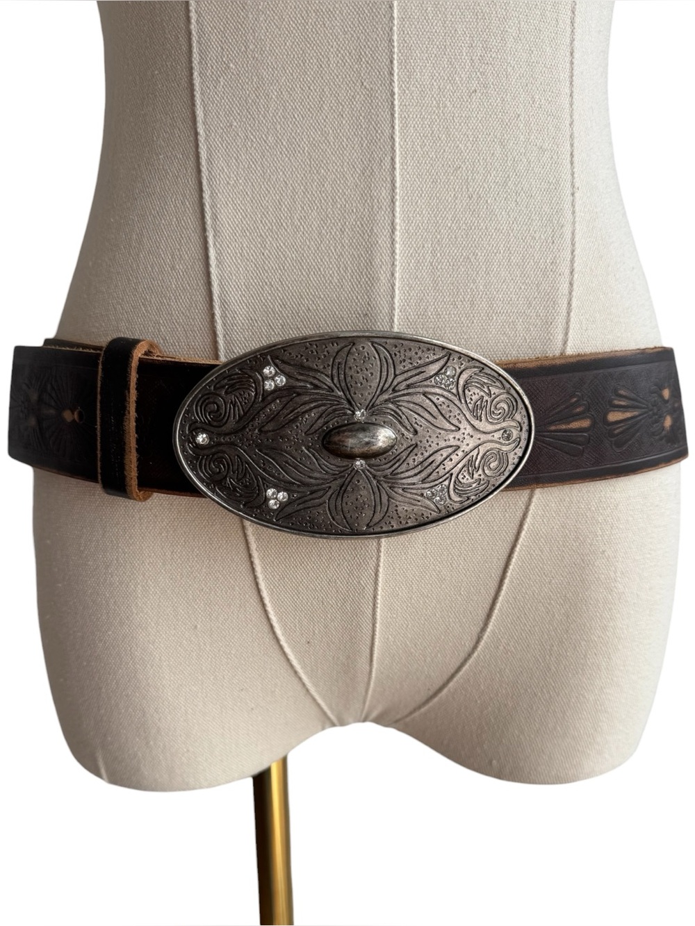 Y2K Le Chateau Leather Belt Sz M Brown Oversized Oval Buckle Rhinestone Rodeo